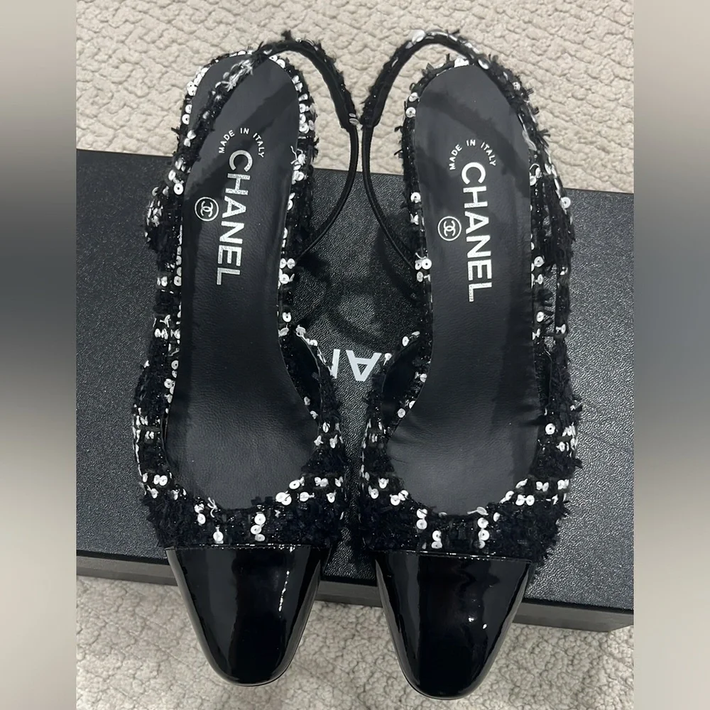 Chanel glittered tweed & sequin slingbacks